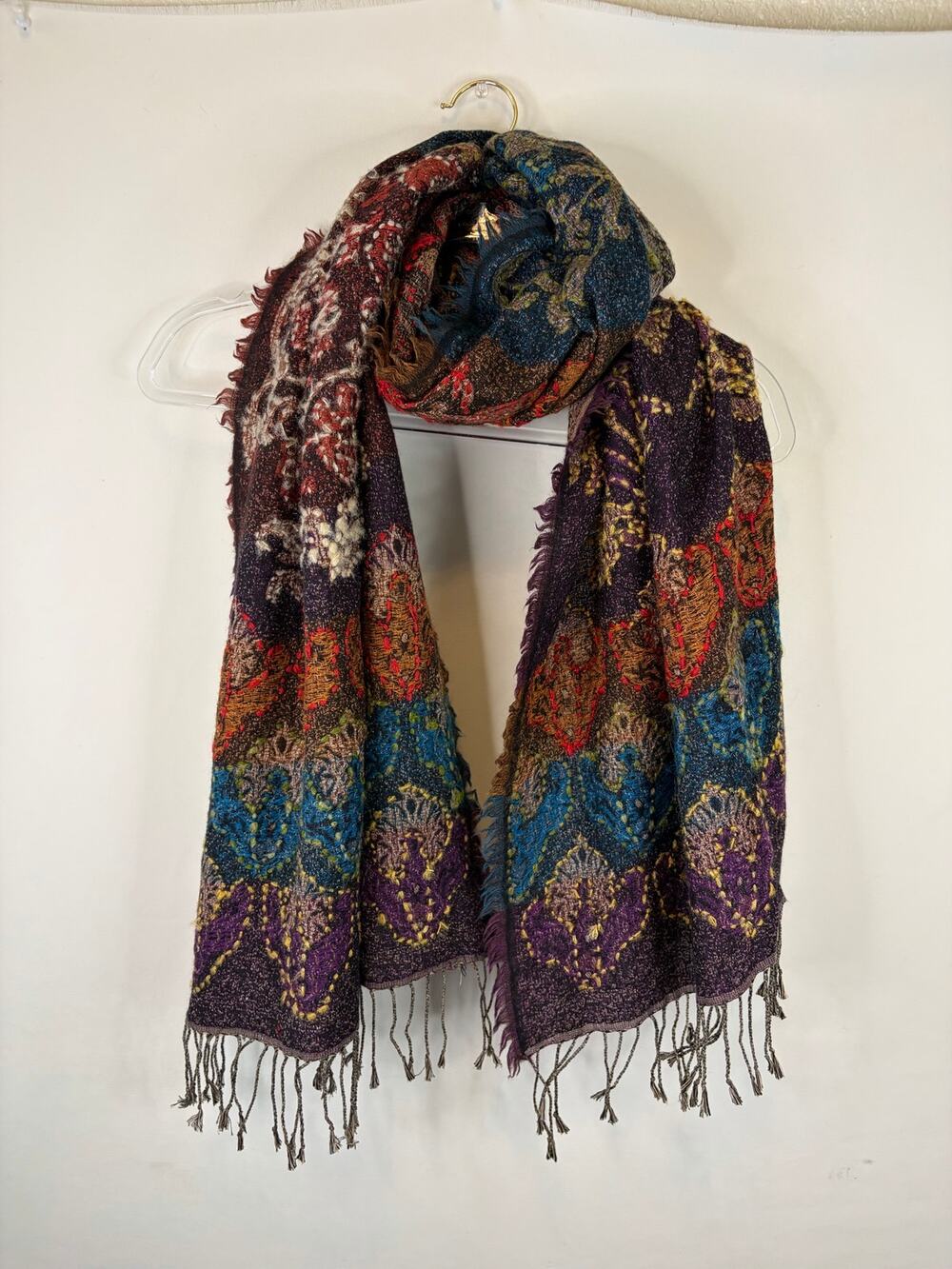 Lucky Brand Multicolor Wool Cotton Floral Pattern Fringed Scarf Bohemian Chic